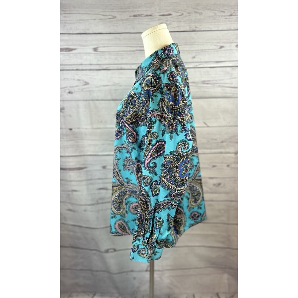 Talbots Teal Paisley Button Down Shirt Women’s 3XP Turquoise Long Sleeve Blouse - Picture 2 of 6